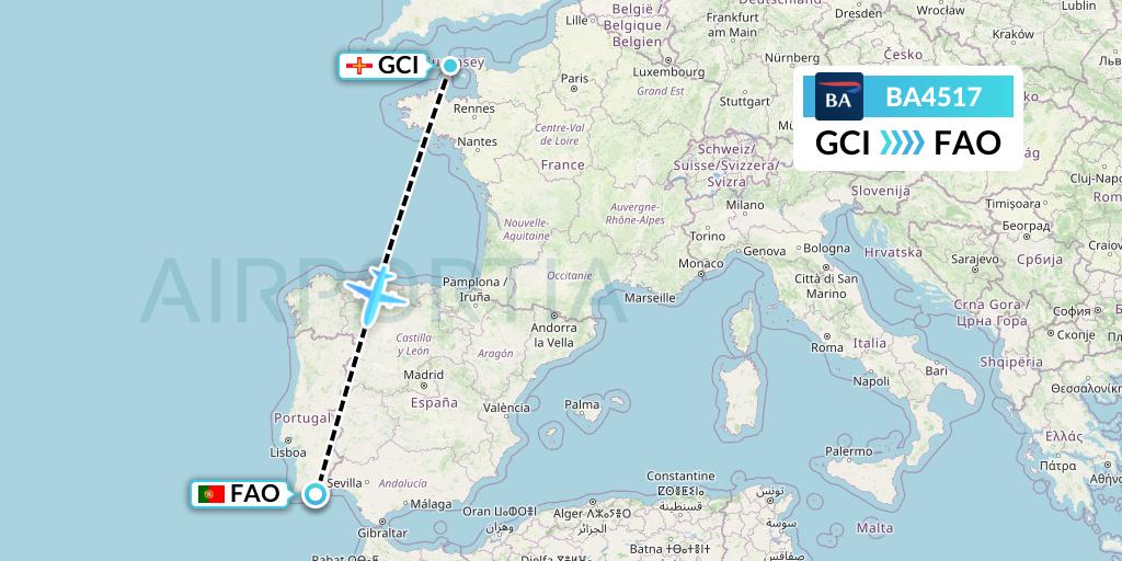 BA4517 British Airways Flight Map: Guernsey to Faro