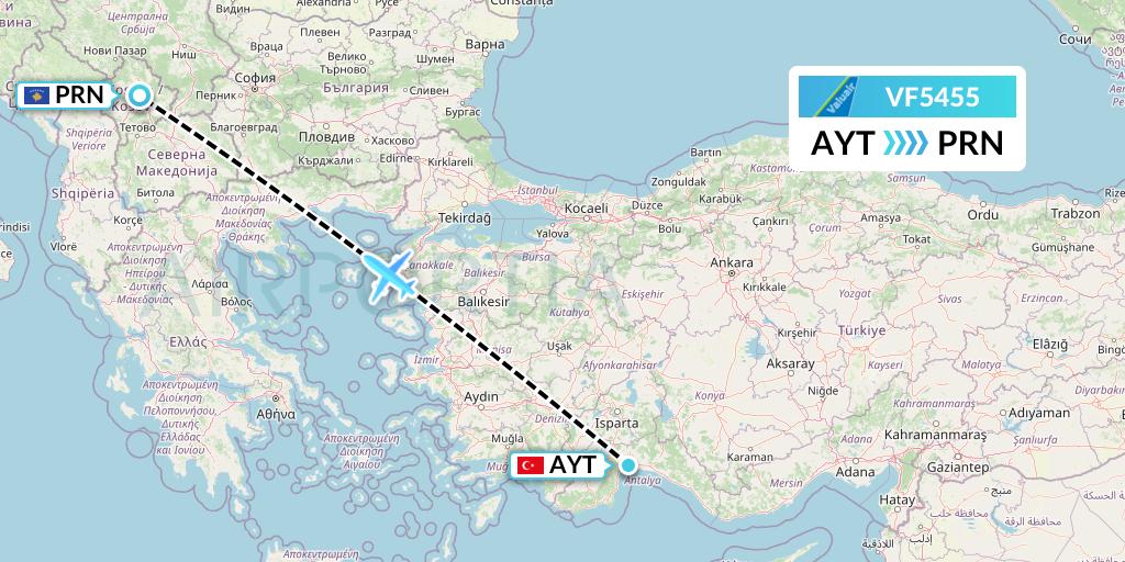 VF5455 ValuAir Flight Map: Antalya to Pristina