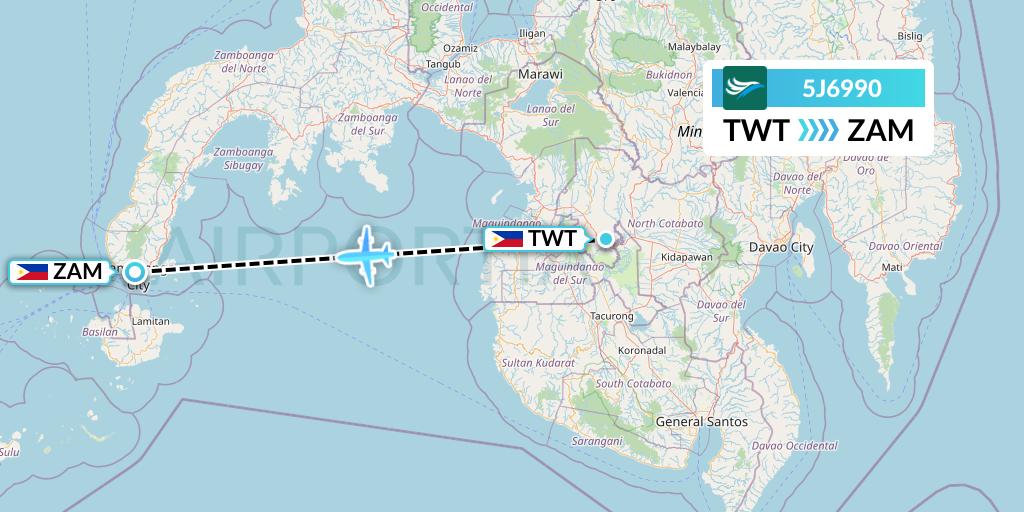 5J6990 CEBU Pacific Air Flight Map: Tawitawi to Zamboanga