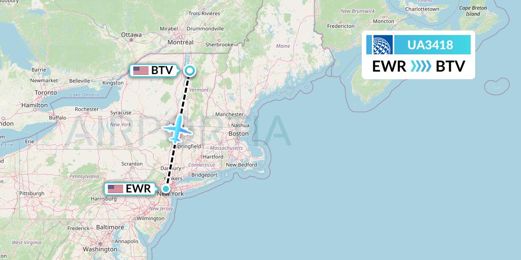 UA3418 United Airlines Flight Map: New York to Burlington