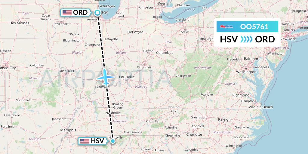 OO5761 SkyWest Airlines Flight Map: Huntsville to Chicago