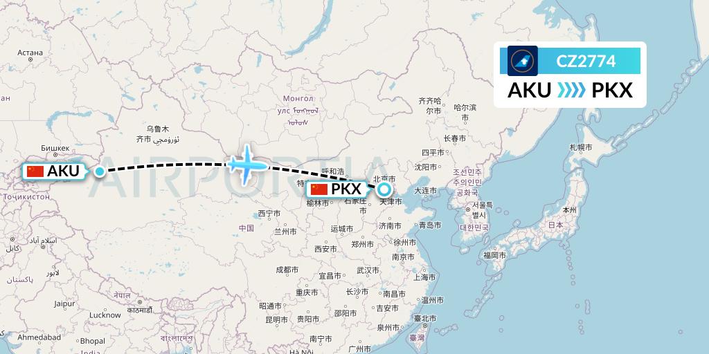 CZ2774 China Southern Airlines Flight Map: Aksu to Beijing