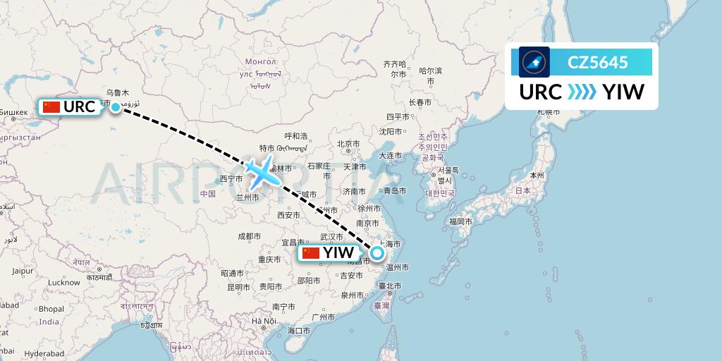 CZ5645 China Southern Airlines Flight Map: Urumqi to Yiwu