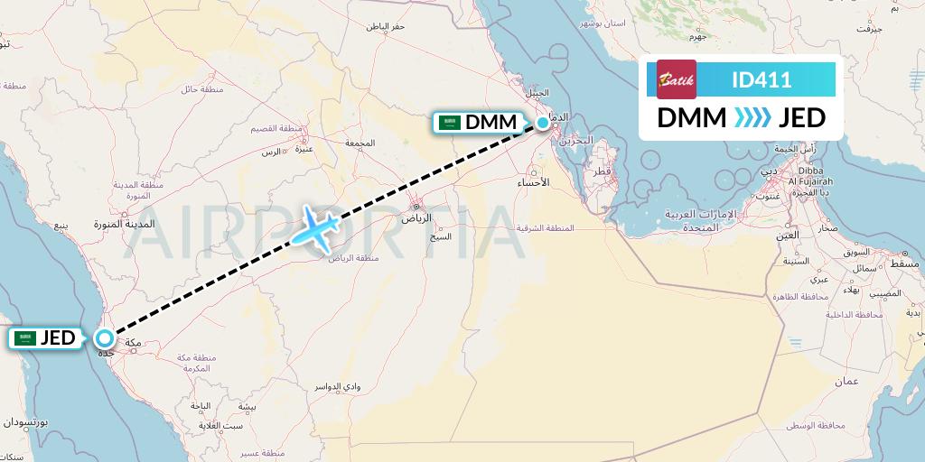 ID411 Batik Air Flight Map: Dammam to Jeddah