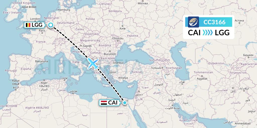 CC3166 CM Airlines Flight Map: Cairo to Liege