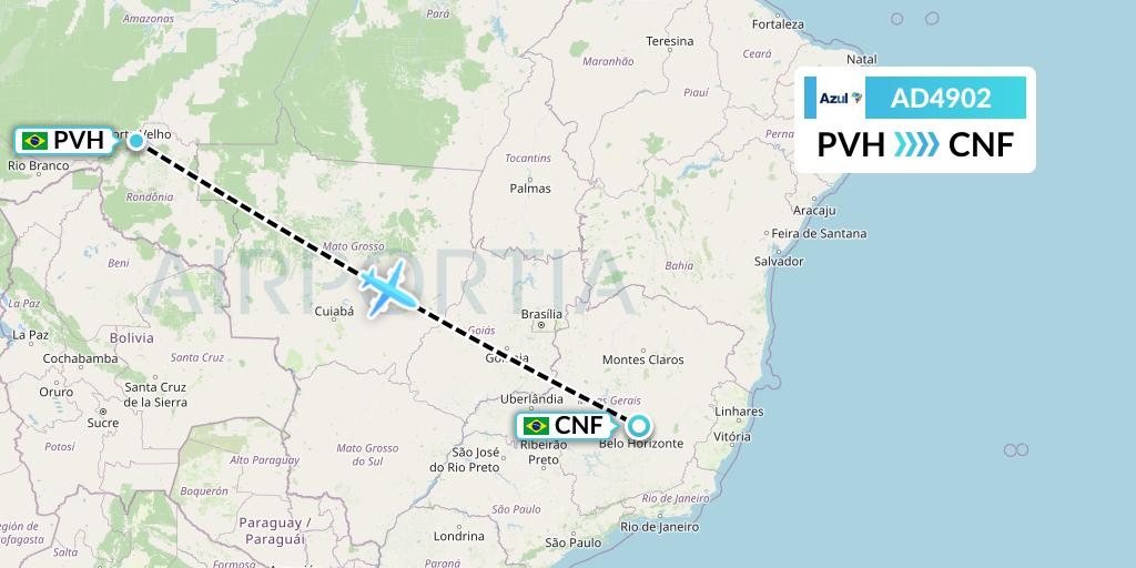 AD4902 Azul Brazilian Airlines Flight Map: Porto Velho to Belo Horizonte