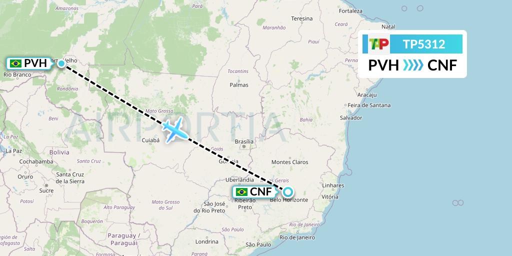 TP5312 TAP Portugal Flight Map: Porto Velho to Belo Horizonte