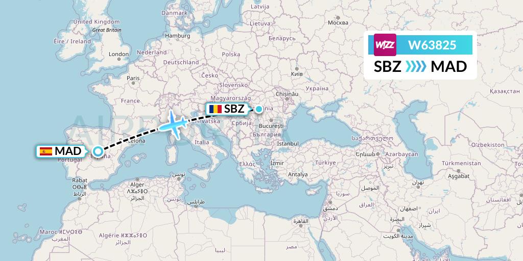 W63825 Wizz Air Flight Map: Sibiu to Madrid