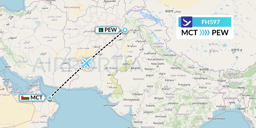 FH597 Freebird Airlines Flight Map: Muscat to Peshawar