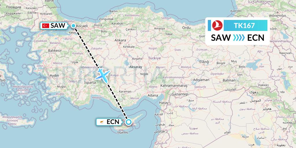 TK167 Turkish Airlines Flight Map: Istanbul to Tymvou