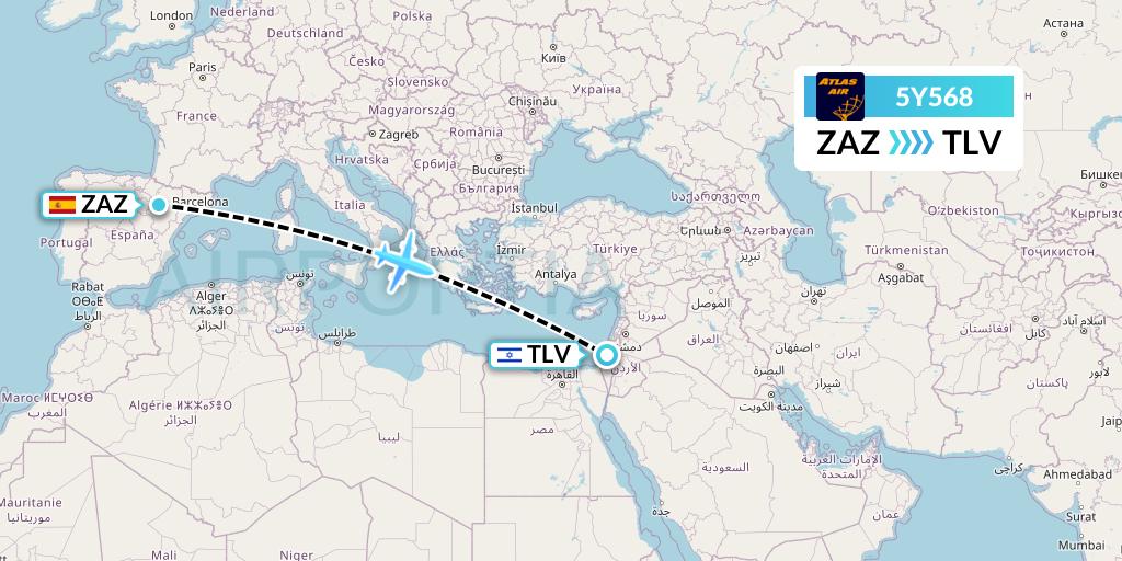 5Y568 Atlas Air Flight Map: Zaragoza to Tel Aviv