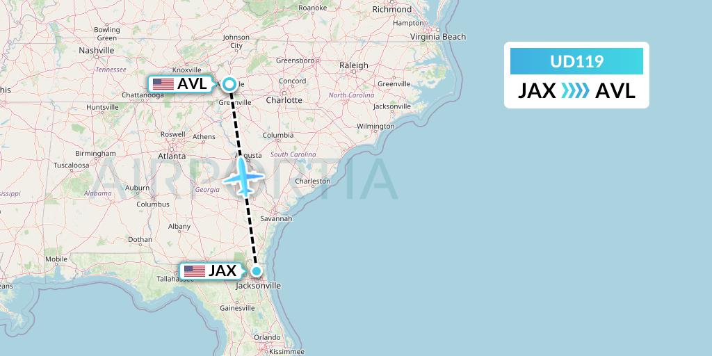UD119 UR Airlines Flight Map: Jacksonville to Asheville