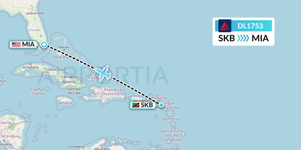 DL1753 Delta Air Lines Flight Map: Basseterre to Miami
