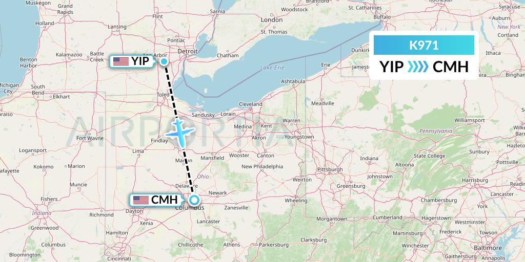 K971 Kalitta Charters Flight Map: Detroit to Columbus