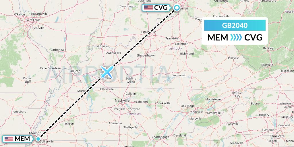 GB2040 ABX Air Flight Map: Memphis to Cincinnati