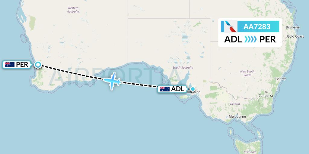 AA7283 American Airlines Flight Map: Adelaide to Perth