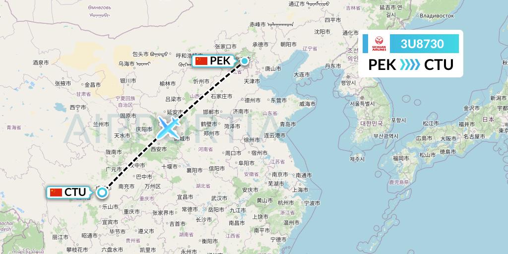 3U8730 Sichuan Airlines Flight Map: Beijing to Chengdu