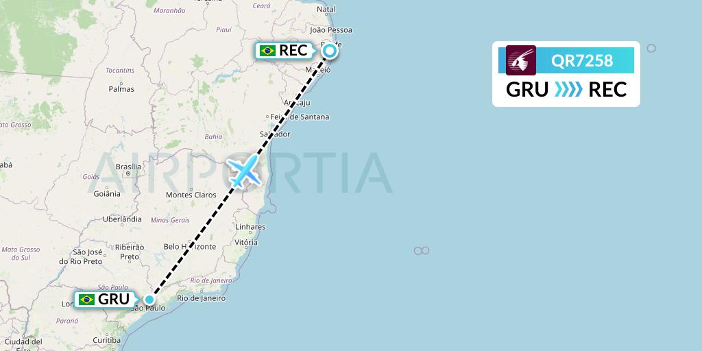 QR7258 Qatar Airways Flight Map: Sao Paulo to Recife