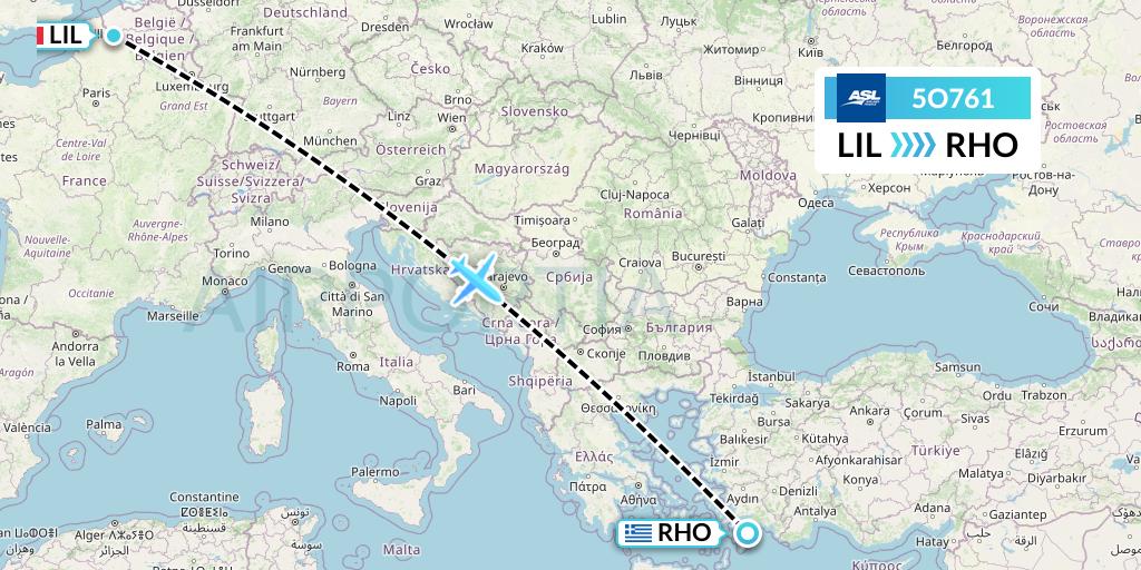 5O761 ASL Airlines France Flight Map: Lille to Rhodes