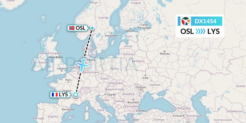 DX1454 Danish Air Transport Flight Map: Oslo to Lyon