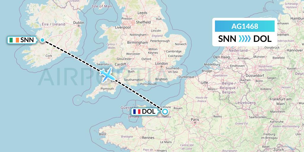 AG1468 Aruba Airlines Flight Map: Shannon to Deauville