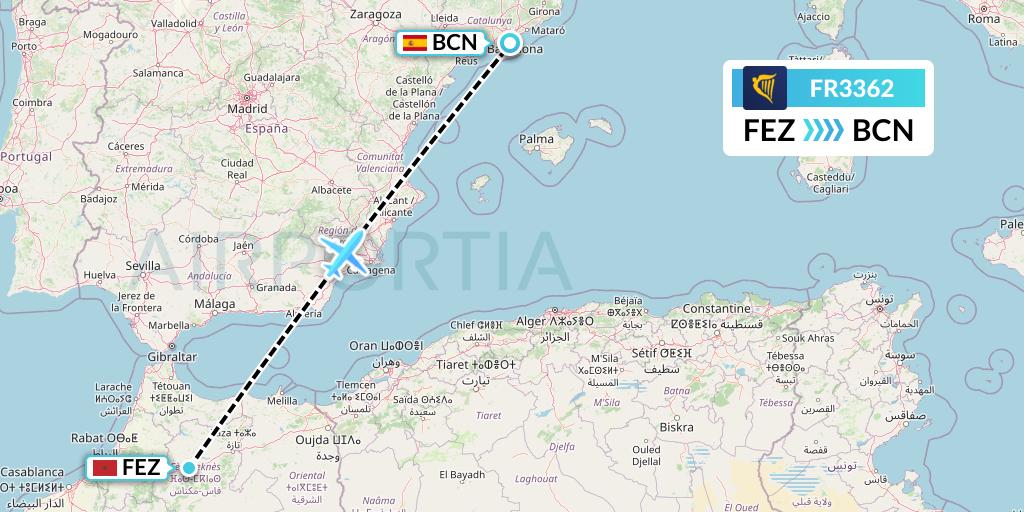 FR3362 Ryanair Flight Map: Fes to Barcelona