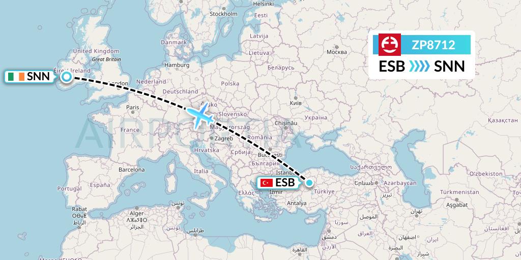 ZP8712 Paranair Flight Map: Ankara to Shannon