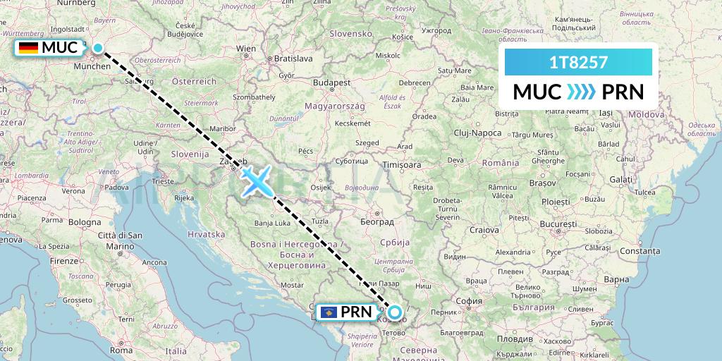 1T8257 Russian Sky Flight Map: Munich to Pristina
