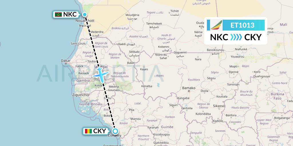 ET1013 Ethiopian Airlines Flight Map: Nouakchott to Conakry