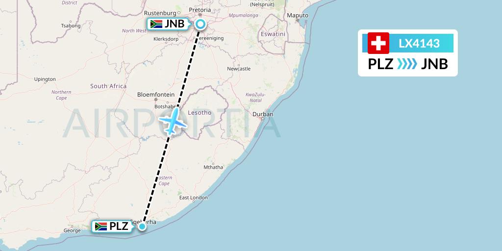 LX4143 Swiss Flight Map: Port Elizabeth to Johannesburg
