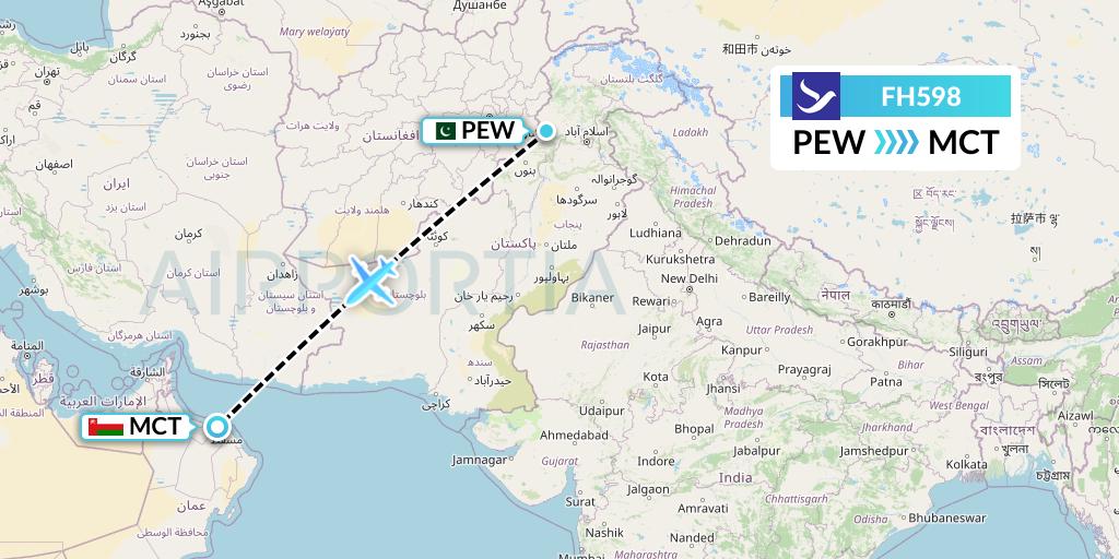 FH598 Freebird Airlines Flight Map: Peshawar to Muscat