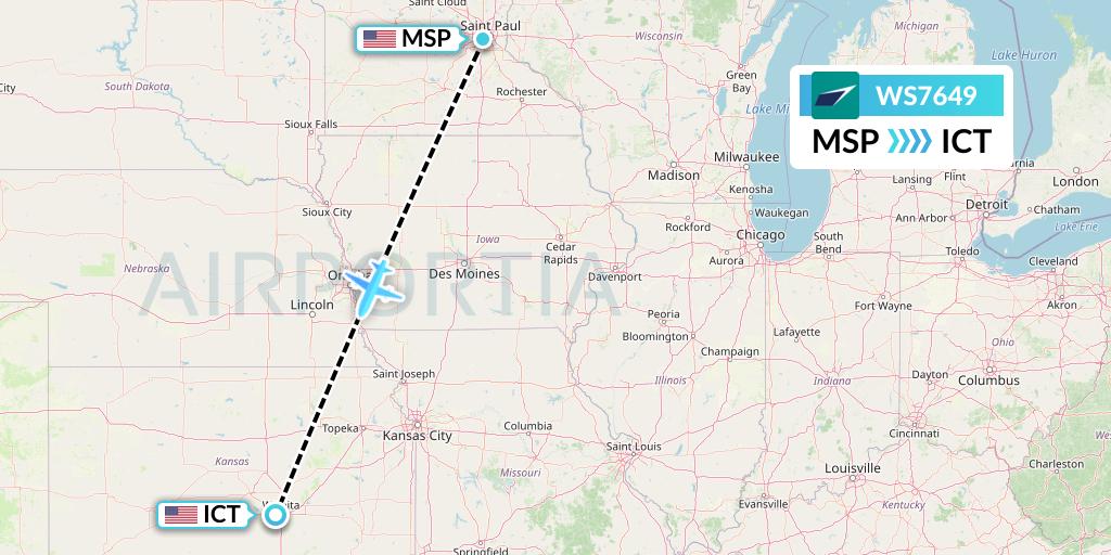WS7649 WestJet Flight Map: Minneapolis to Wichita