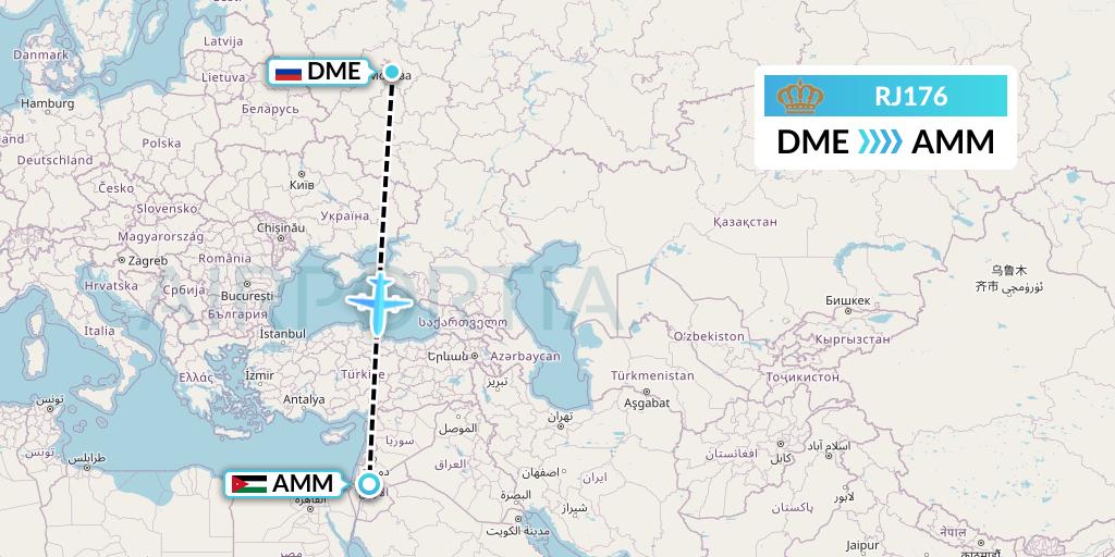 RJ176 Royal Jordanian Flight Map: Moscow to Amman