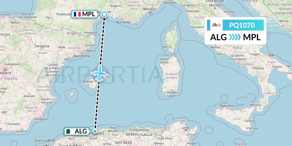 PQ1070 SkyUp Airlines Flight Map: Algiers to Montpellier