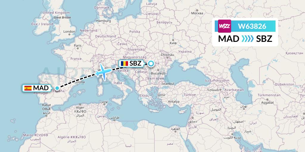 W63826 Wizz Air Flight Map: Madrid to Sibiu