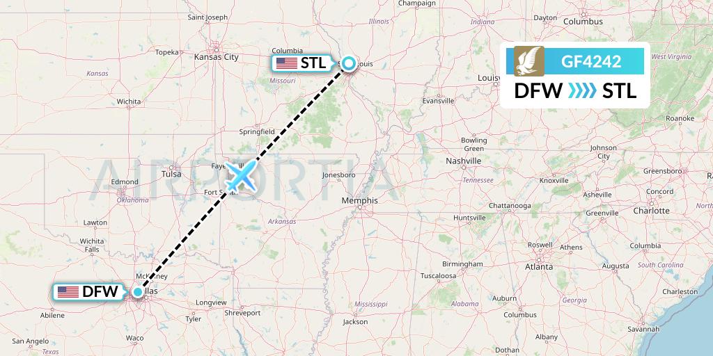 GF4242 Gulf Air Flight Map: Dallas to St. Louis