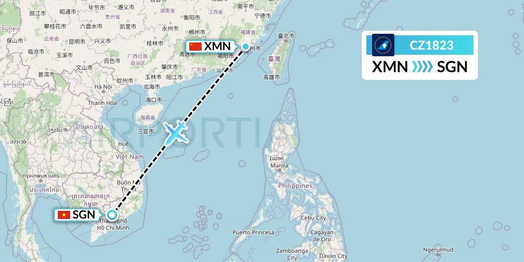 CZ1823 China Southern Airlines Flight Map: Xiamen to Ho Chi Minh City