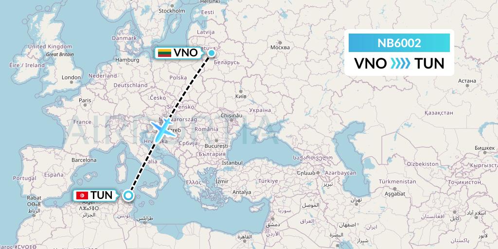 NB6002 Berniq Airways Flight Map: Vilnius to Tunis