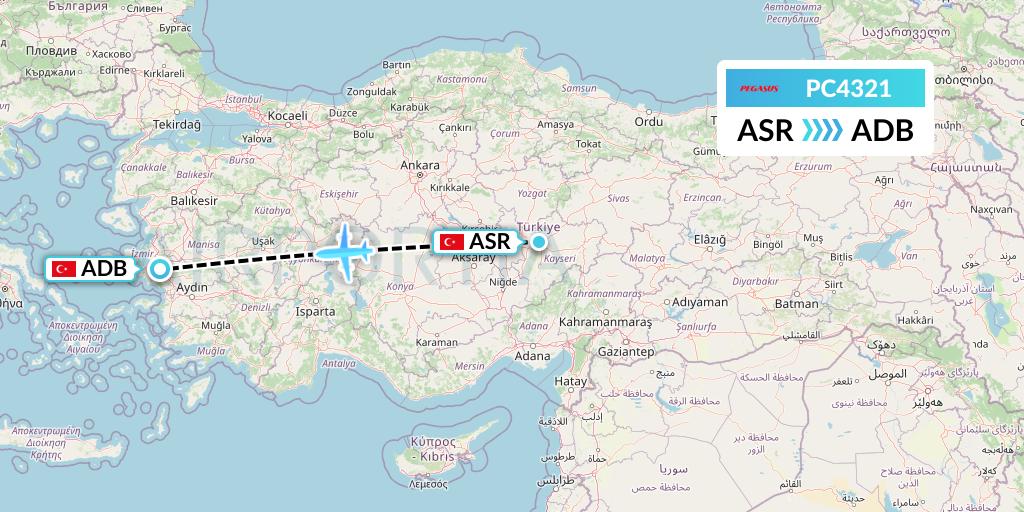PC4321 Pegasus Airlines Flight Map: Kayseri to Izmir
