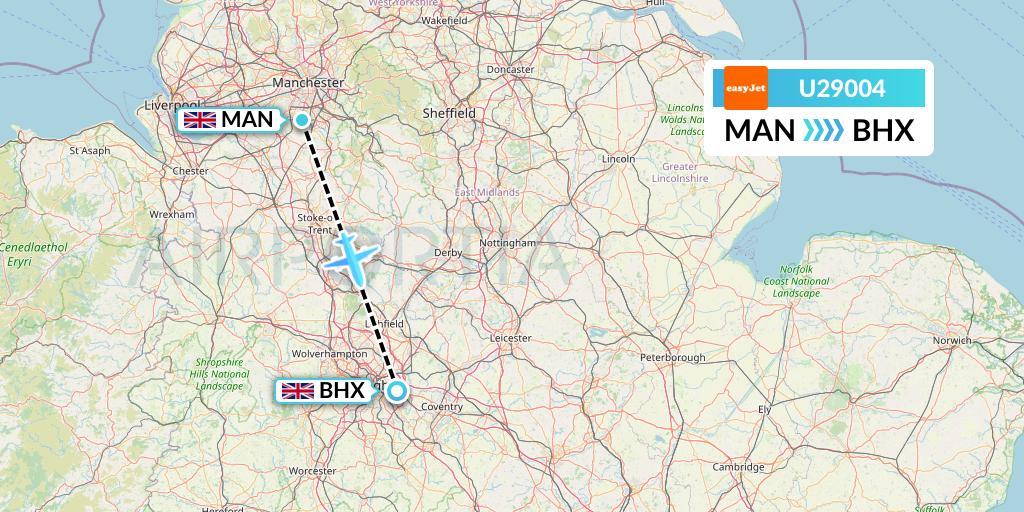 U29004 EasyJet Flight Map: Manchester to Birmingham