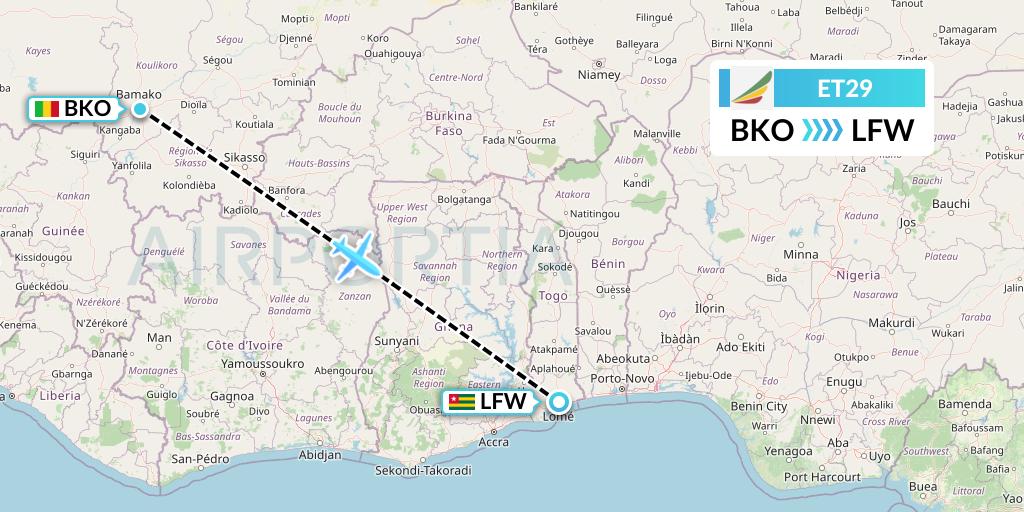 ET29 Ethiopian Airlines Flight Map: Bamako to Lome