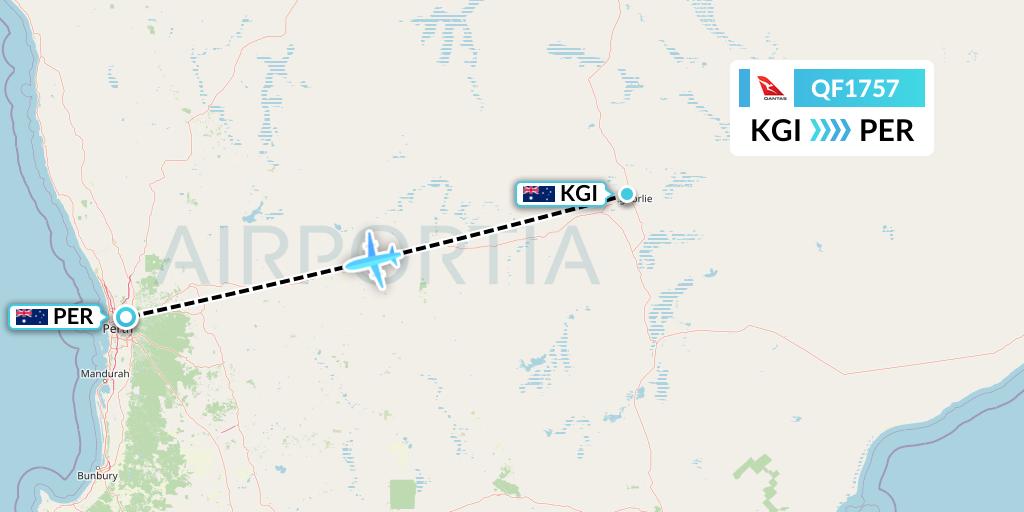 QF1757 Qantas Flight Map: Kalgoorlie to Perth