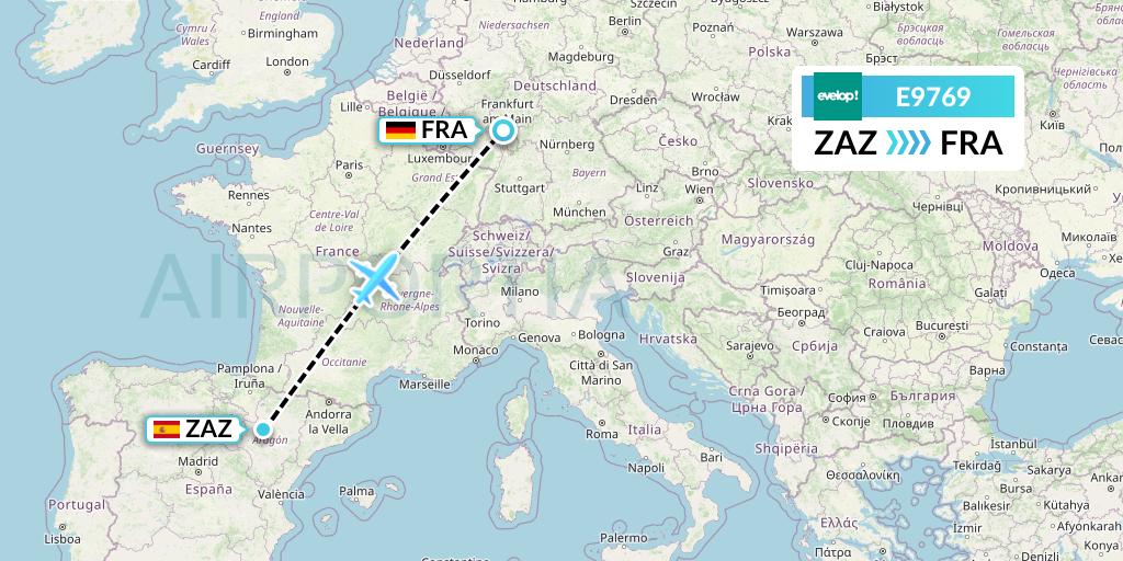 E9769 Evelop Airlines Flight Map: Zaragoza to Frankfurt