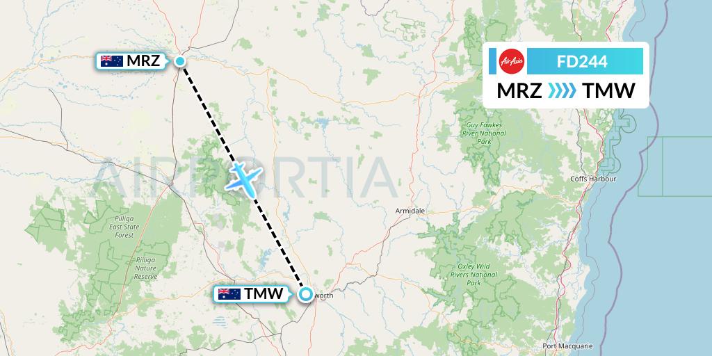 FD244 Thai AirAsia Flight Map: Moree to Tamworth