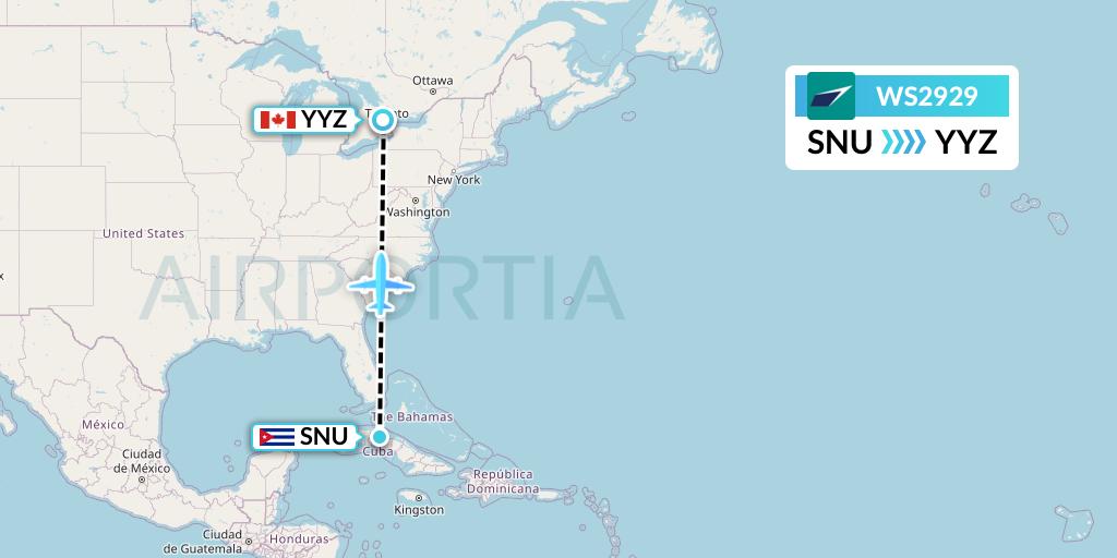 WS2929 WestJet Flight Map: Santa Clara to Toronto
