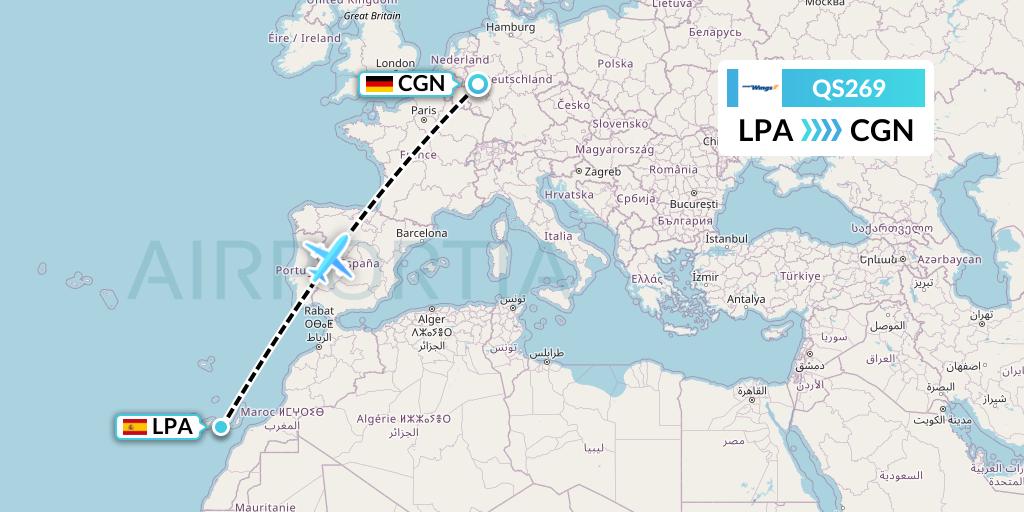 QS269 Smartwings Flight Map: Las Palmas to Cologne