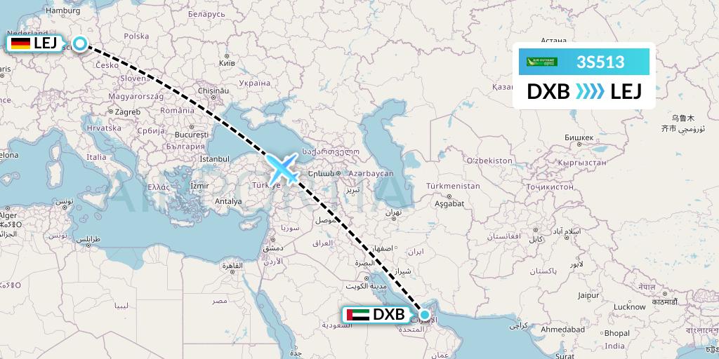 3S513 Air Antilles Express Flight Map: Dubai to Leipzig