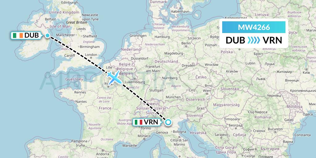 MW4266 Mokulele Flight Service Flight Map: Dublin to Verona