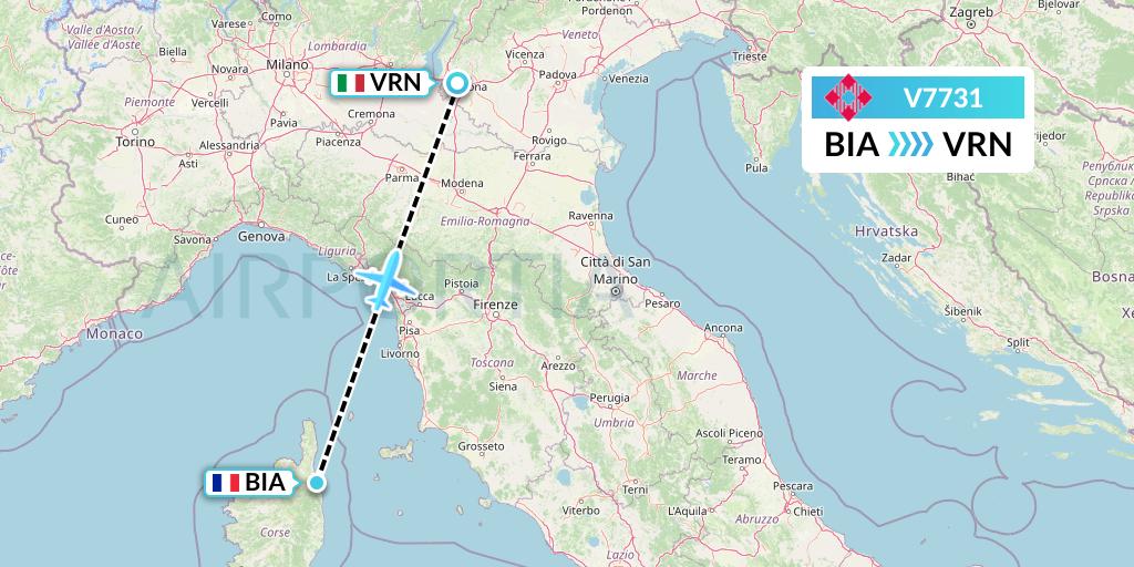 V7731 Volotea Flight Map: Bastia to Verona