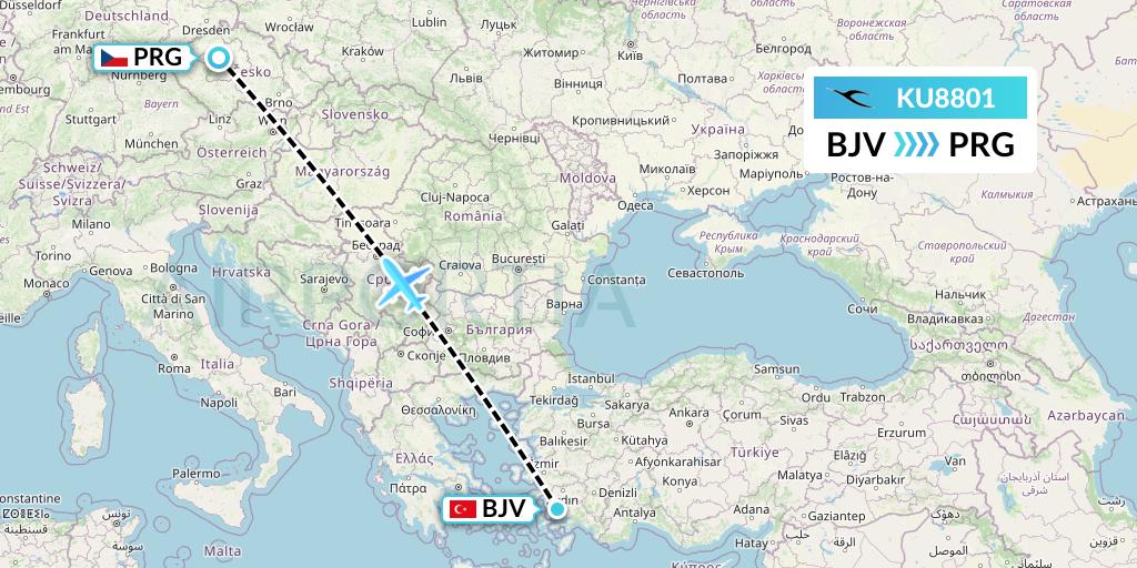 KU8801 Kuwait Airways Flight Map: Bodrum to Prague